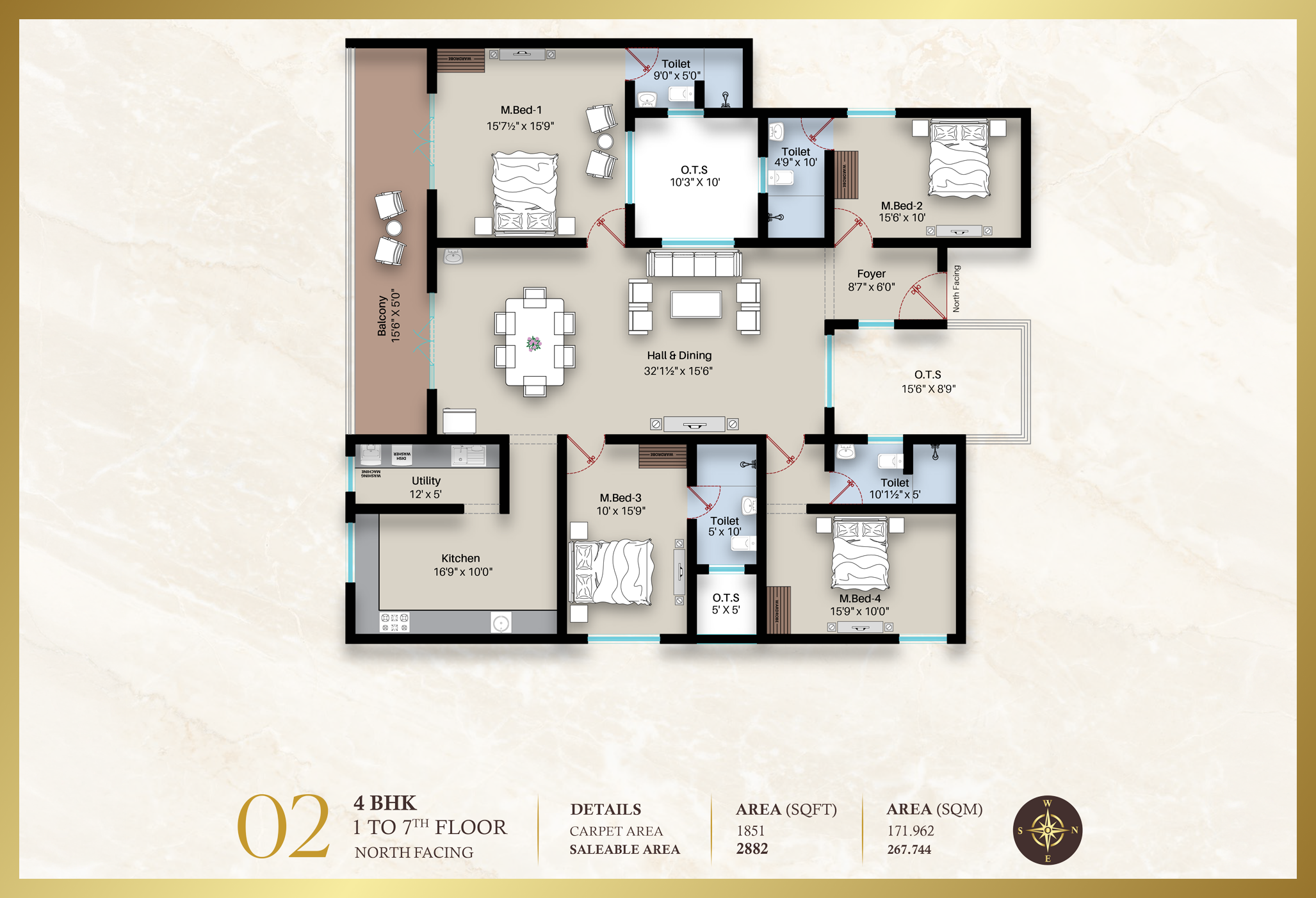 Diora Apartment 2BHK North facing floor plan 1477 sq-ft